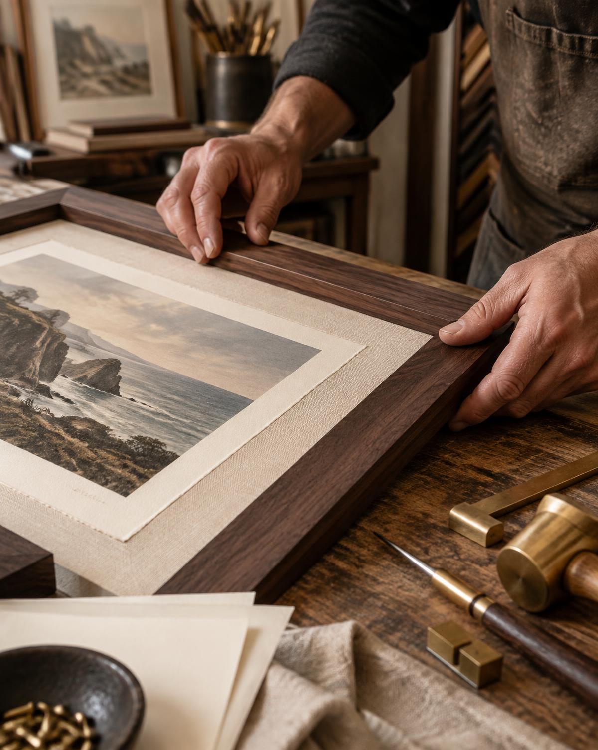 Framer carefully aligning a walnut picture frame