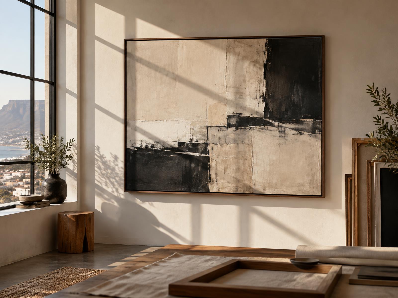 Contemporary artwork in a bespoke timber frame inside a sunlit Cape Town interior